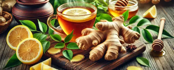 Frischer Ingwer und eine Tasse dampfender Ingwertee auf einem rustikalen Holztisch, umgeben von Zitronenscheiben, Honig und grünen Blättern, symbolisieren natürliche Gesundheit und Wärme.