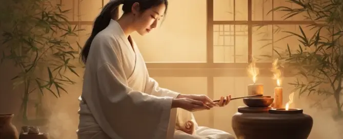 Moxibustion-Therapie in einer traditionellen chinesischen Medizinpraxis mit warmem Licht und beruhigender Atmosphäre.