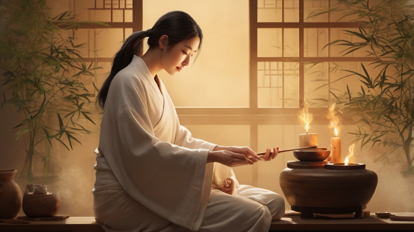 Moxibustion-Therapie in einer traditionellen chinesischen Medizinpraxis mit warmem Licht und beruhigender Atmosphäre.