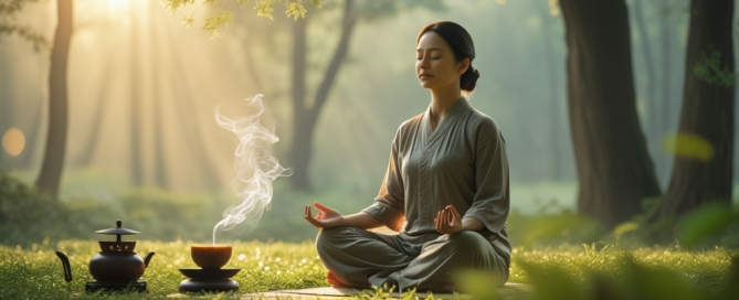 Person meditiert entspannt in der Natur, umgeben von sanftem Morgenlicht und grünen Bäumen. Eine Tasse Kräutertee steht im Vordergrund – Symbol für Stressbewältigung mit TCM.