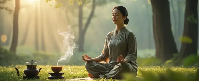 Person meditiert entspannt in der Natur, umgeben von sanftem Morgenlicht und grünen Bäumen. Eine Tasse Kräutertee steht im Vordergrund – Symbol für Stressbewältigung mit TCM.