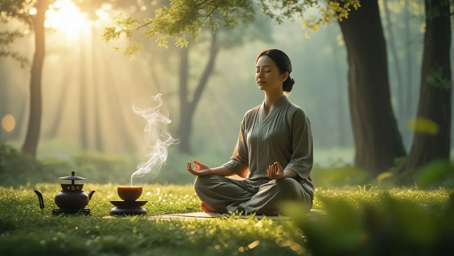 Person meditiert entspannt in der Natur, umgeben von sanftem Morgenlicht und grünen Bäumen. Eine Tasse Kräutertee steht im Vordergrund – Symbol für Stressbewältigung mit TCM.