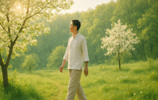 Person in blühender Frühlingslandschaft – Symbol für Leichtigkeit, neue Energie und ganzheitliche Balance durch TCM