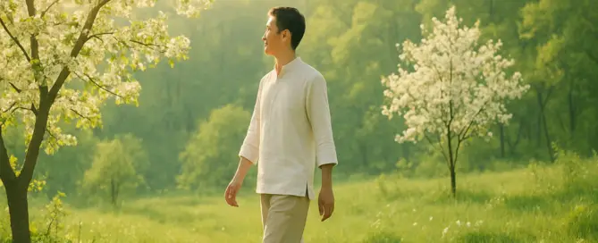 Person in blühender Frühlingslandschaft – Symbol für Leichtigkeit, neue Energie und ganzheitliche Balance durch TCM