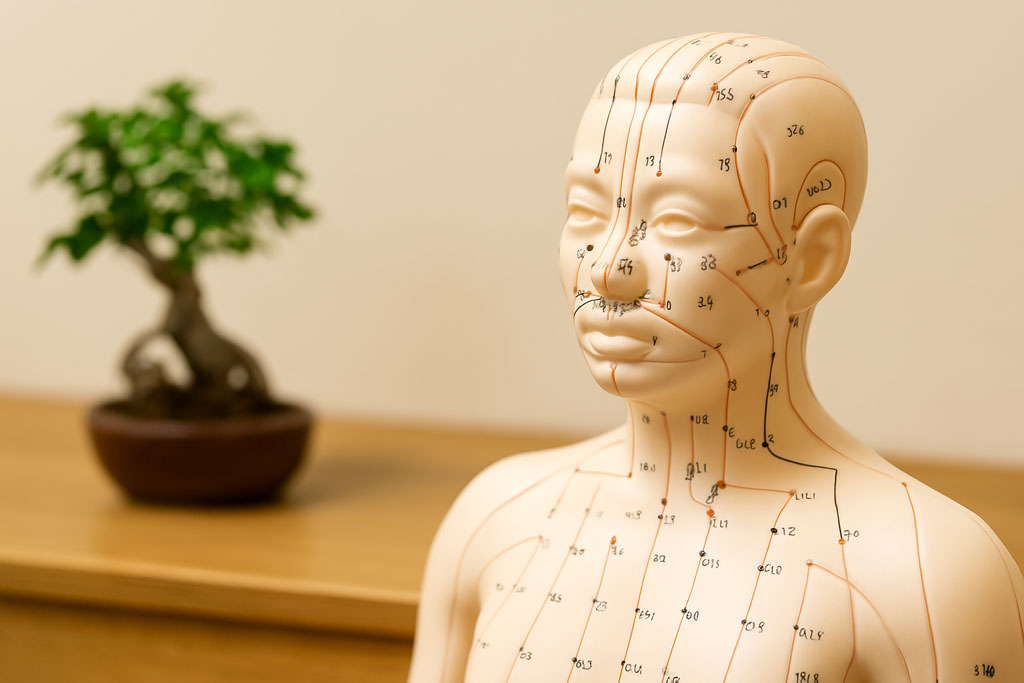 Traditionelle Chinesische Medizin visuell dargestellt – ChiMed Augsburg Akupunkturmodell mit Meridianlinien in Praxisumgebung – ChiMed Augsburg