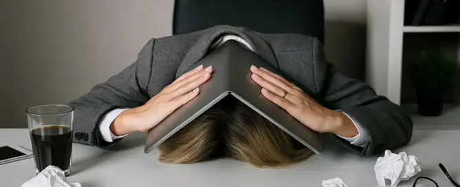 Erschöpfte Frau im Büro mit Laptop über dem Kopf – Symbolbild für Burnout und Überlastung