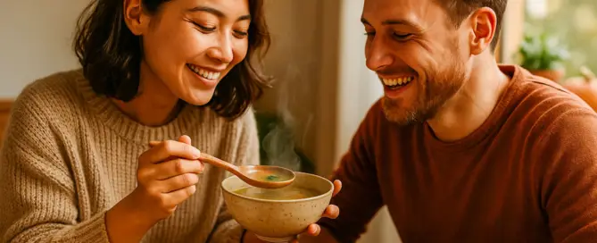 Junges Paar genießt gemeinsam eine warme Mahlzeit – emotionale Szene zur chinesischen Diätetik