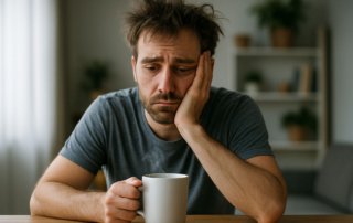 Übernächtigter Mann mit zerzausten Haaren und Augenringen sitzt erschöpft vor Kaffeetasse