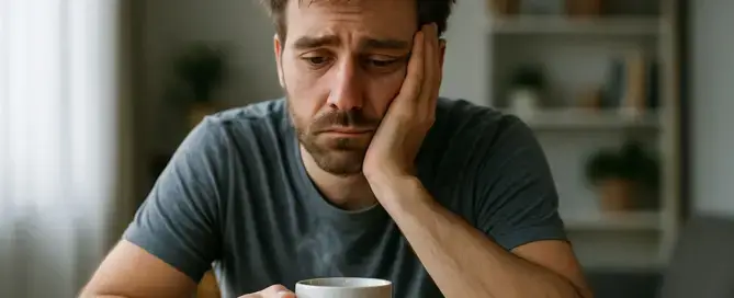 Übernächtigter Mann mit zerzausten Haaren und Augenringen sitzt erschöpft vor Kaffeetasse