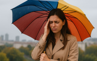 Frau mit Kopfschmerzen unter einem bunten Regenschirm bei Regenwetter, Symbolbild für Wetterfühligkeit und TCM-Behandlung in Augsburg