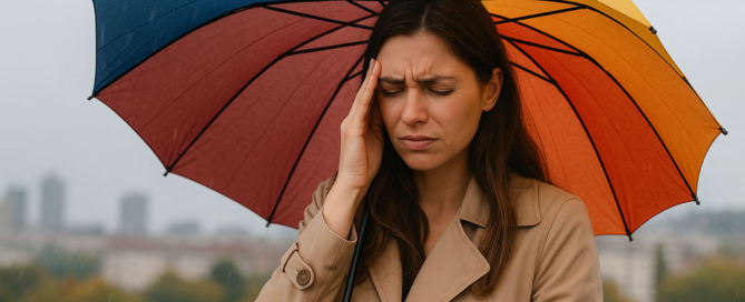 Frau mit Kopfschmerzen unter einem bunten Regenschirm bei Regenwetter, Symbolbild für Wetterfühligkeit und TCM-Behandlung in Augsburg