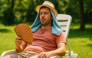 Erschöpfter Mann liegt im Garten auf einem weißen Liegestuhl und fächelt sich mit einem Handfächer Luft zu