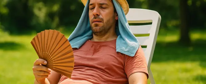 Erschöpfter Mann liegt im Garten auf einem weißen Liegestuhl und fächelt sich mit einem Handfächer Luft zu