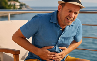 Mann mit Bauchschmerzen im Urlaub am Meer – Reizdarm und TCM