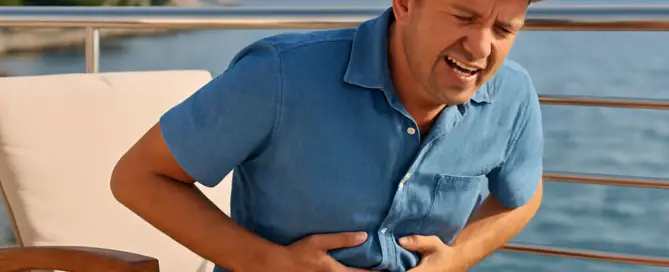 Mann mit Bauchschmerzen im Urlaub am Meer – Reizdarm und TCM