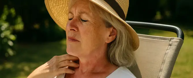 Ältere Frau mit Sonnenhut sitzt im Garten und berührt ihre gerötete Haut am Hals