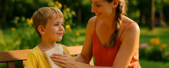 Mutter tröstet Kind auf einer Sommerwiese – TCM-Sommerhilfe bei Bauchweh und Husten