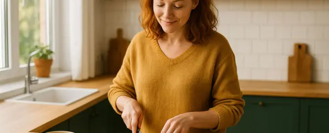 Frau bereitet in heller Küche Kürbis und Hirse zu