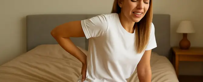 Frau mit Rückenschmerzen sitzt auf dem Bett und hält sich schmerzerfüllt den unteren Rücken