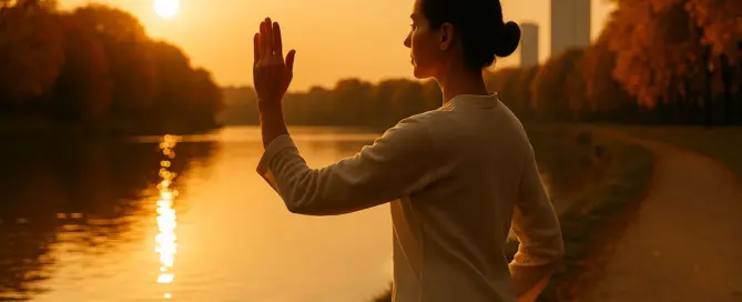 Frau praktiziert Tai Chi am Fluss bei Sonnenuntergang im Herbst – TCM zur Stärkung des Immunsystems