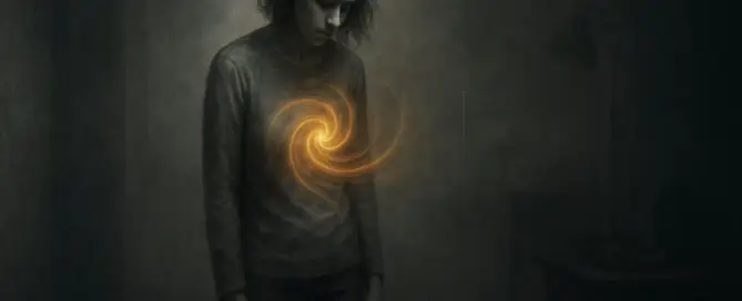 Frau steht erschöpft in nebligem Raum, aus ihrer Brust strömt goldenes Licht – Symbol für Regeneration durch TCM