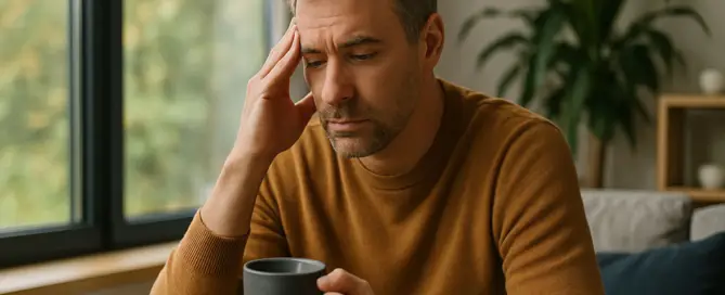 Nachdenklicher Mann mit Teetasse im Wohnzimmer, Spätsommerblick aus dem Fenster – Symbolbild für Stimmungstief und innere Unruhe