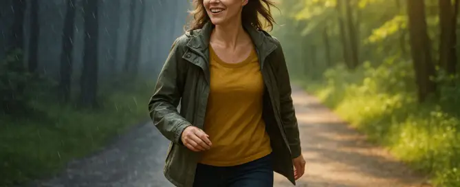Junge Frau läuft durch einen Wald, von regnerischem in sonniges Wetter – Symbolbild für Wetterumschwung und TCM
