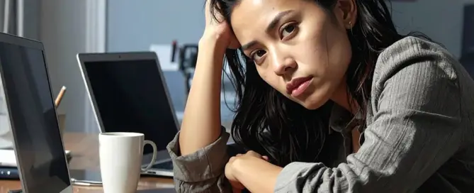 Frau sitzt erschöpft am Schreibtisch, stützt den Kopf auf und wirkt kraftlos – Symbolbild für chronische Erschöpfung