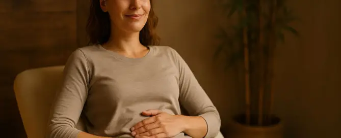 Entspannte Frau nach TCM-Behandlung mit Anmo-Tuina, Hände beruhigend auf dem Bauch