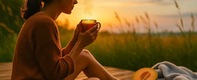 Frau sitzt im Spätsommer bei Sonnenuntergang auf einer Holzterrasse und trinkt Kräutertee mit Minze und Ingwer