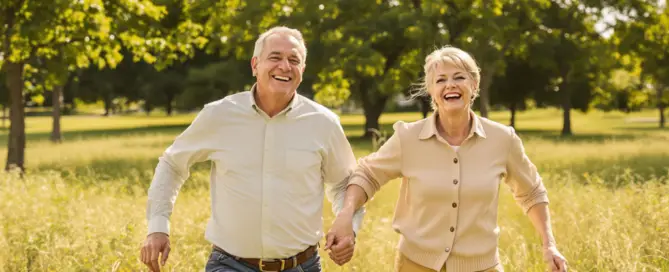 Lachendes Paar Mitte 50 beim Spaziergang – Symbol für Freude am Alter mit Slow Aging und TCM