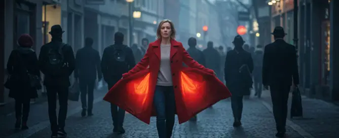 Frau in rotem Mantel zwischen Menschen in grauer Winterkleidung – Symbol gegen Herbst-Winter-Depression