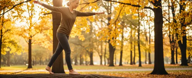 Frau balanciert barfuß auf Baumstamm im Park – Symbol für Slow Aging mit TCM