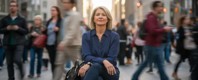 Frau Mitte 50 sitzt entspannt inmitten einer belebten Großstadt – Symbol für innere Ruhe und Resilienz mit TCM
