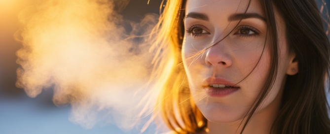 Frau im Winterlicht – sichtbarer Atem und Energie in der Erkältungszeit