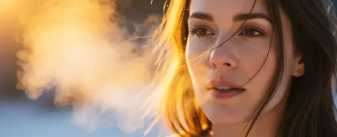 Frau im Winterlicht – sichtbarer Atem und Energie in der Erkältungszeit