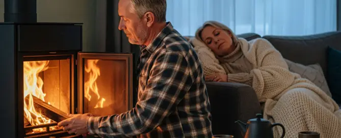 Reifes Paar im warmen Wohnzimmer: eine Person legt Holz in den geöffneten Kaminofen, die andere sitzt entspannt auf der Couch.
