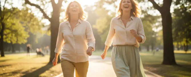 Zwei Frauen um die 50 gehen lachend durch einen sonnigen Park – Symbol für Gesundheit, Lebensfreude und Vitalität mit TCM.