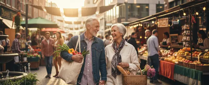 Älteres Paar beim Einkaufen auf dem Wochenmarkt – vital, aktiv und selbstständig im Alltag