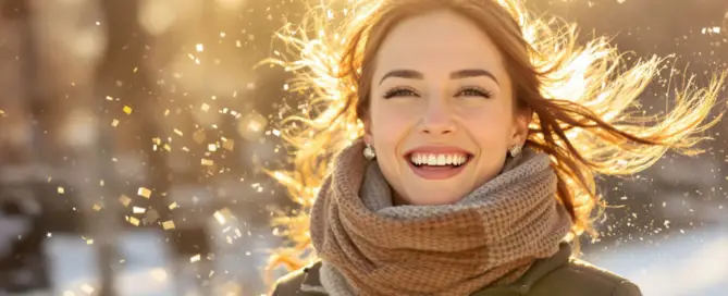 Frau lacht im goldenen Winterlicht – Symbol für Wärme, Energie und aktiven Stoffwechsel