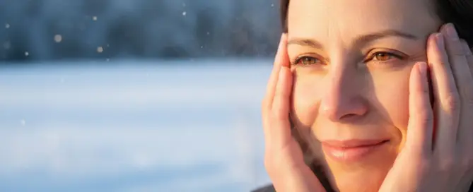 Frau hält winterkalte Hände nah ans Gesicht, warmes Sonnenlicht betont die Haut – Symbol für Schutz und Pflege bei Winterhaut.