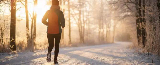 Person in Bewegung an einem winterlichen Tag mit warmer Wintersonne zur Darstellung von Winterenergie und innerer Wärme.