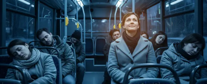 Fahrgäste sitzen müde im Bus an einem Winterabend, eine Person wirkt wach und energiegeladen.