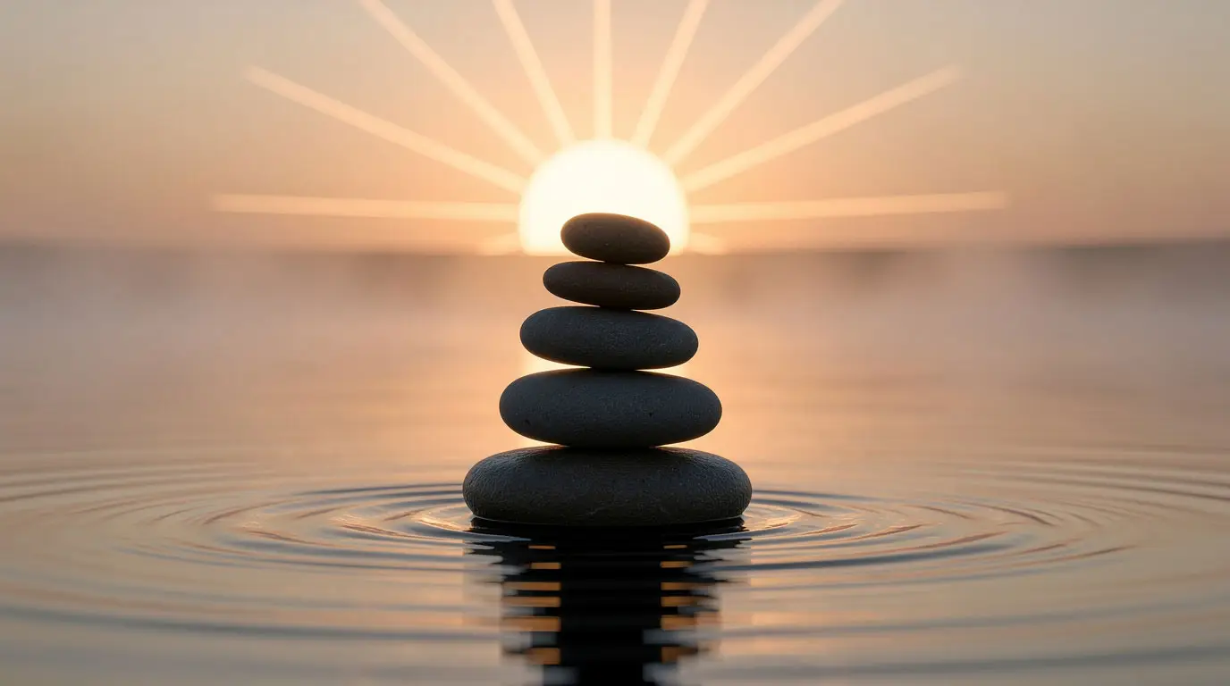 TCM-Vorsorgezentrum bei ChiMed Augsburg – Gesundheit erhalten durch Balance und Achtsamkeit Zen-Steine auf ruhigem Wasser mit Sonnenaufgang – Symbolbild für Ausgeglichenheit, Balance und Prävention im TCM-Vorsorgezentrum von ChiMed Augsburg