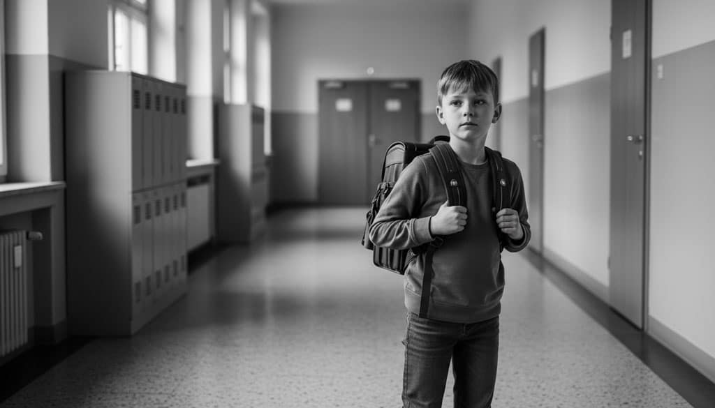 Schulkind im Schulflur mit angespannter Körpersprache – Prüfungsangst Kind und Schulstress