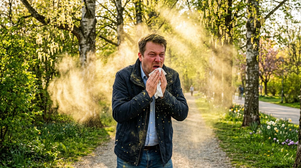 Mann in einem Augsburger Park in einer großen Pollenwolke mit Taschentuch – Symbolbild für Heuschnupfen und Pollenallergie