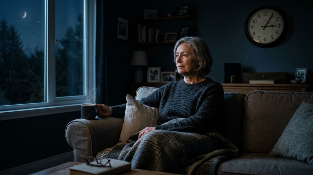 Frau um die 60 sitzt nachts wach auf dem Sofa und schaut nachdenklich aus dem Fenster – typisches Bild für Schlafstörungen im Alter.